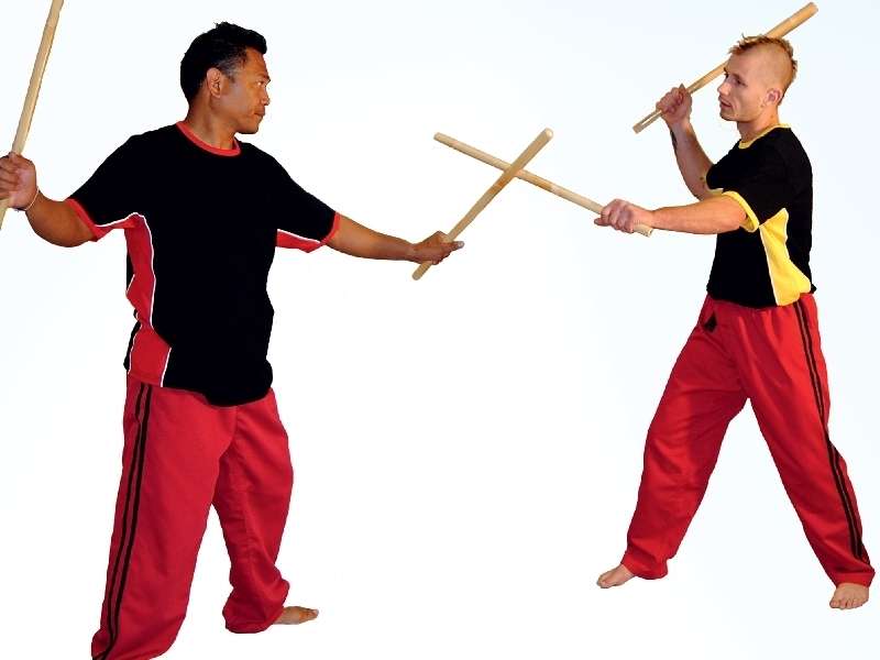 Phoenix: Kampsportsbyxor, Träningsbyxor P/C, Röd med 2 Svarta Ränder